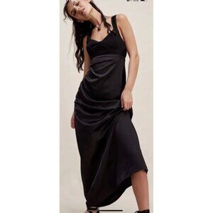 Free People Gia Dress Size 12 Black Satin Bodice Maxi Slinky Tie Back Boho New
